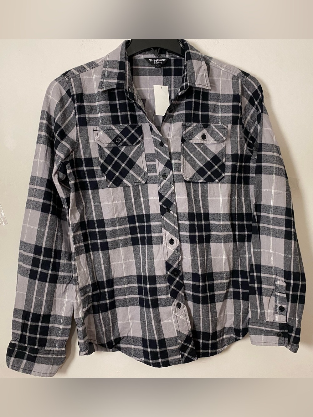 NWT Black & Gray Plaid Button-Down Shirt - Picture 3 of 5